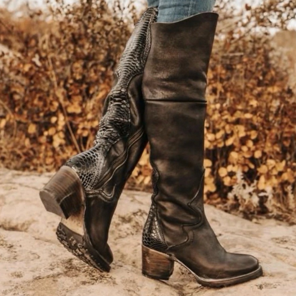 FREEBIRD Calgary Black Leather Knee-High Boots - Picture 1 of 10